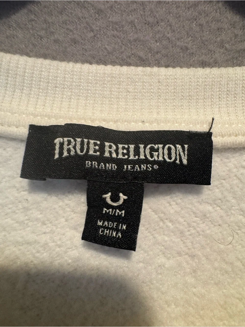 True Religion Cream Crewneck Sweatshirt with Navy Logo